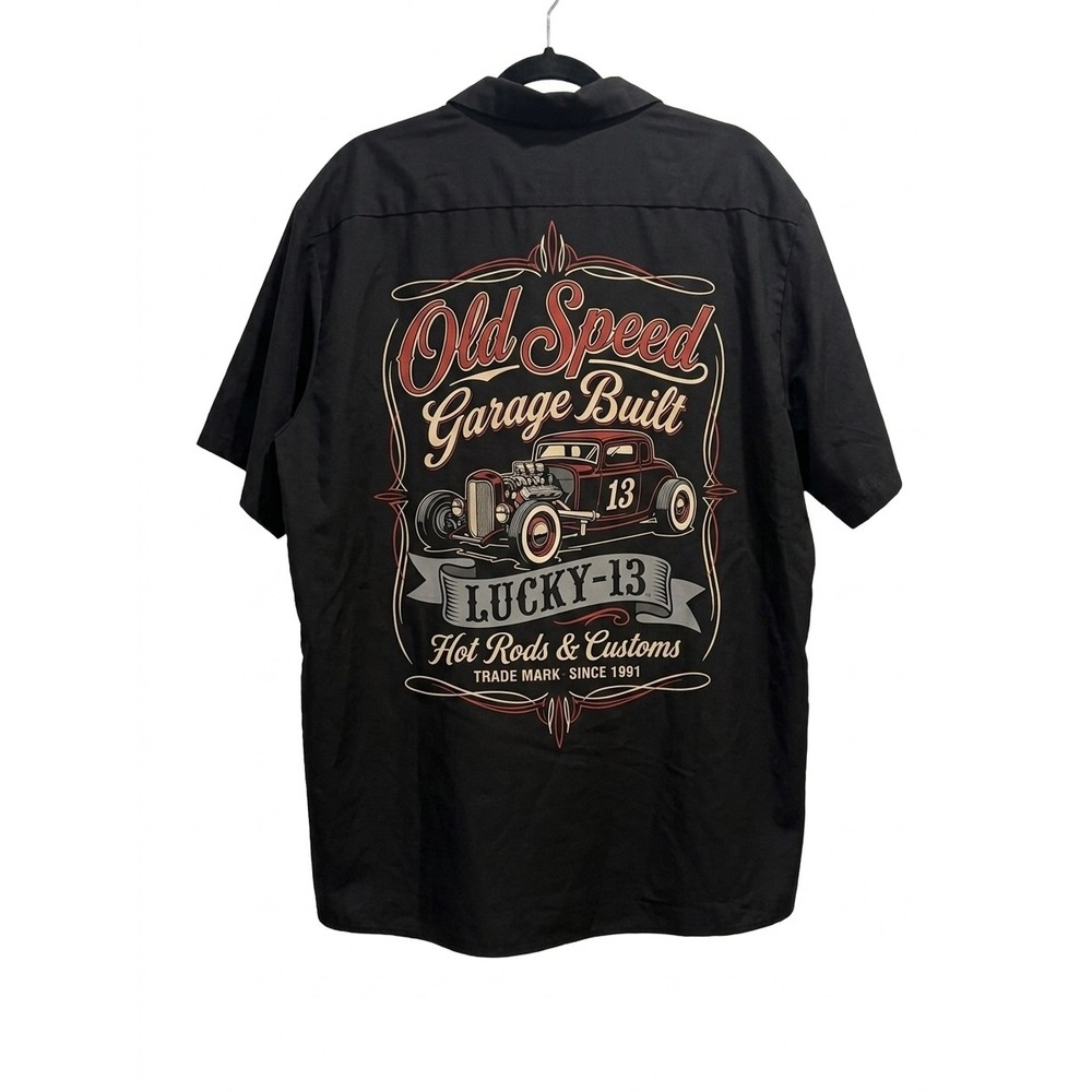 Lucky 13 Old Speed Garage Built Hot Rod Work Shirt Mens XXL Black Red Kap SP24BK